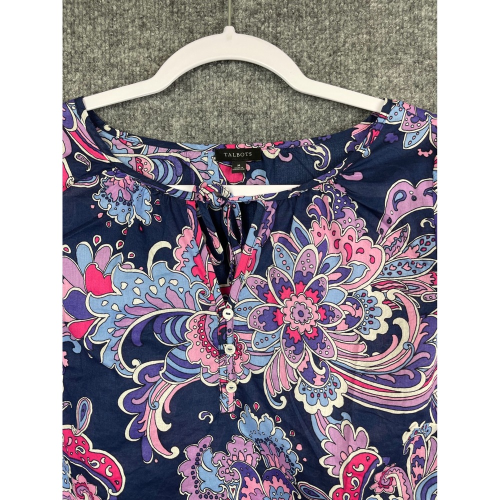 Talbots Blouse Women Medium Navy Pink Excellent Paisley Cotton Tie Neck Top - Picture 2 of 8